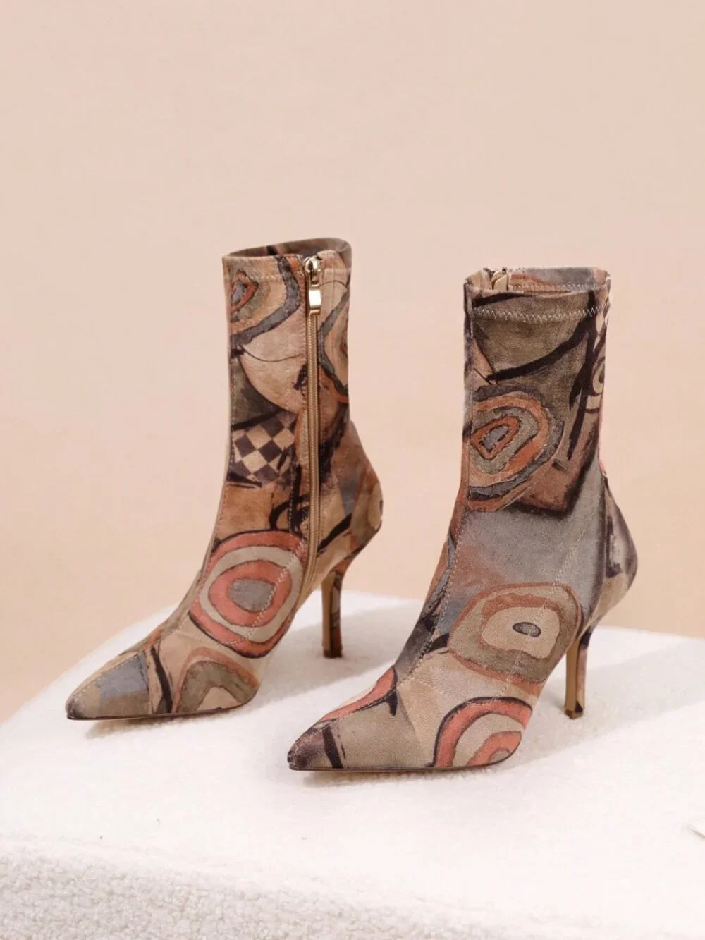 Multicolor Vintage Women's All Over Print Stiletto Slip-On Stretch Ankle Boots